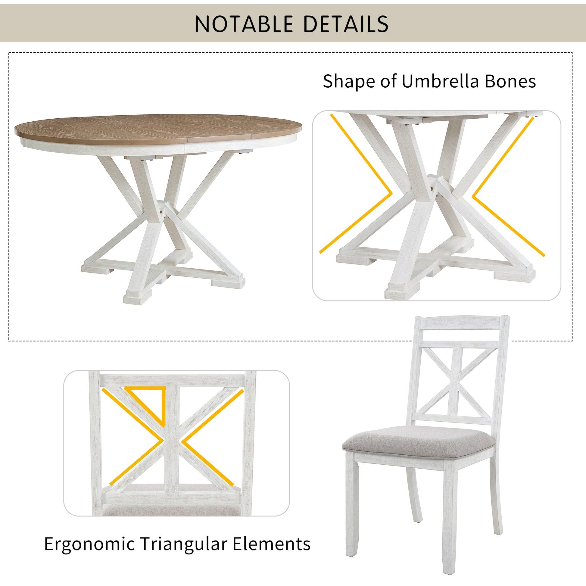 TREXM 5-Piece Retro Functional Dining Table Set Extendable Round Table And 4 Upholstered Chairs For Dining Room And Living Room  Brown Antique White