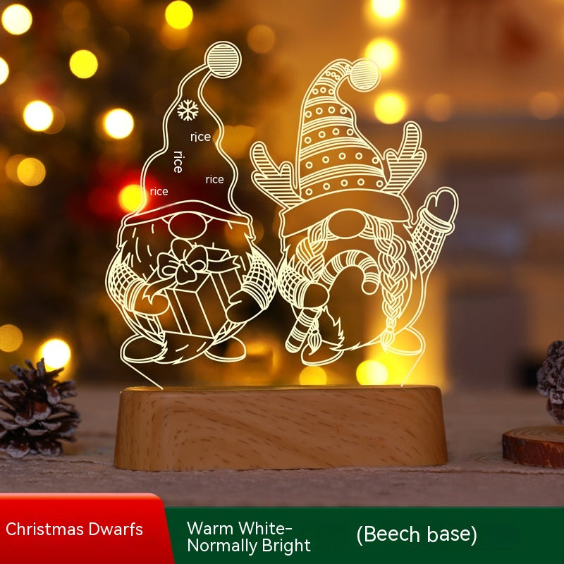 Christmas dwarf acrylic LED night light with wood-grain base