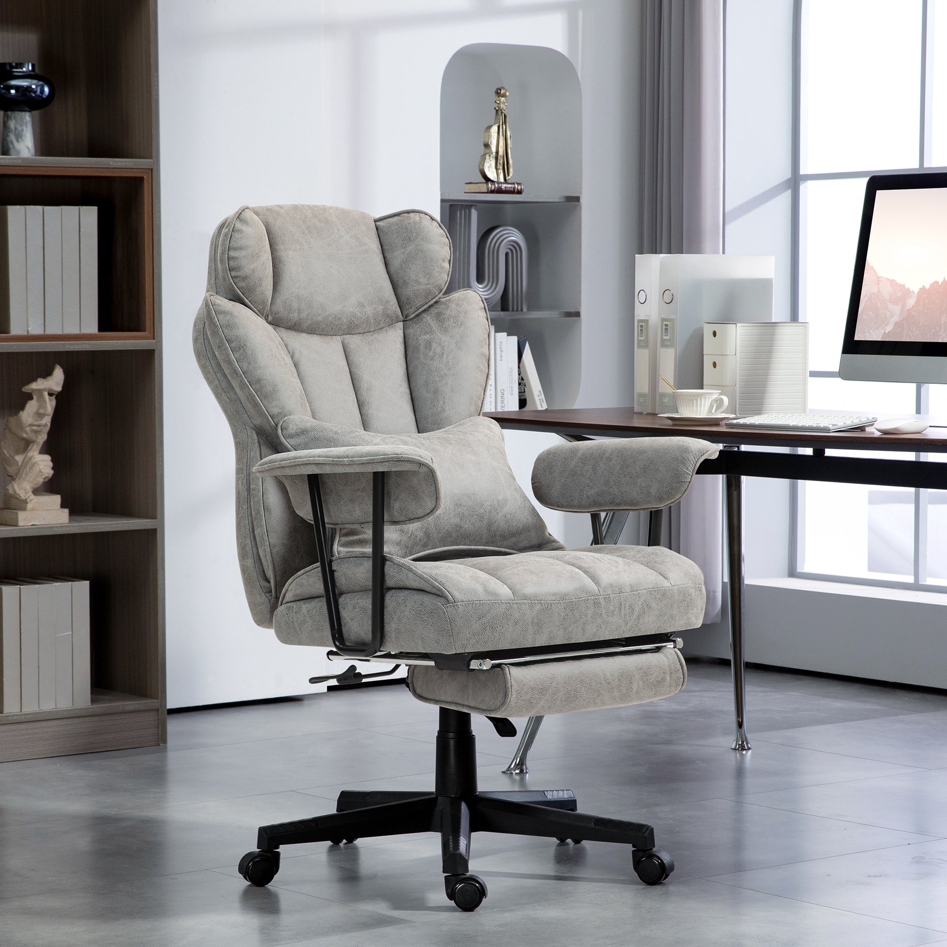 400LBS Big and Tall Office Chair, Massage Office Chair with Footrest, Lumbar Support and Reclining Function, Gray