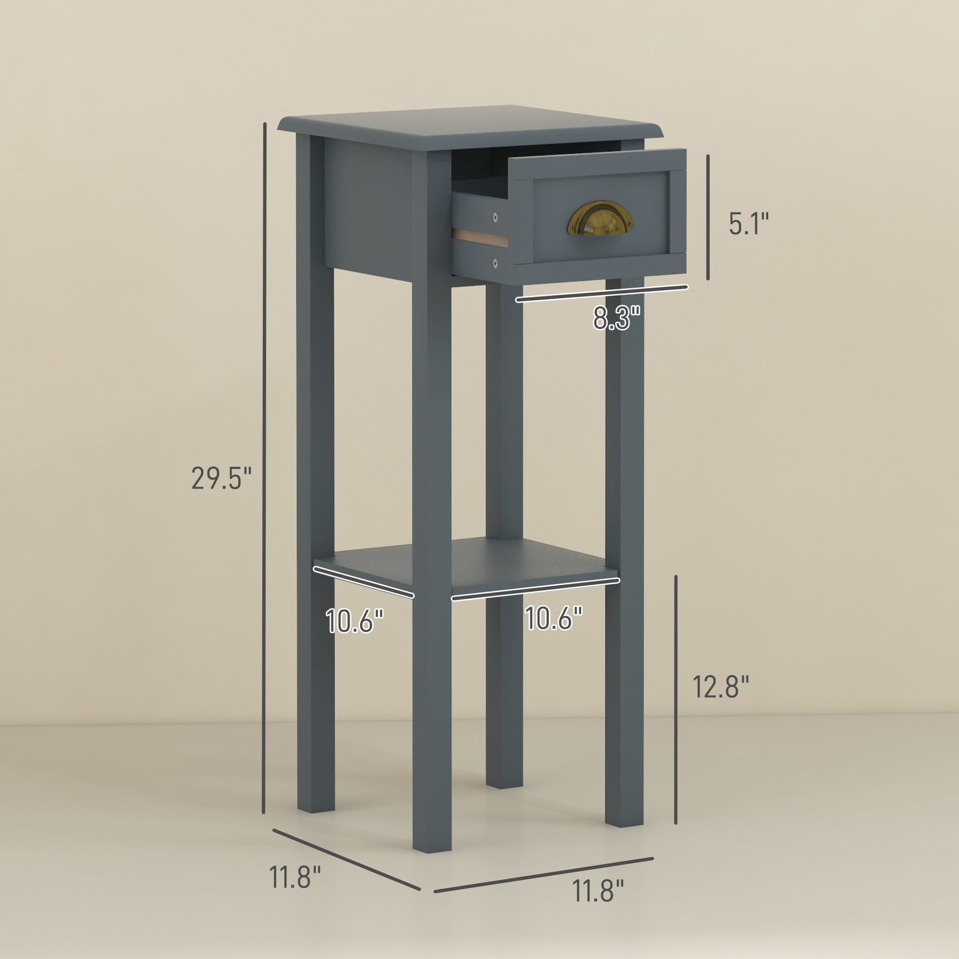 2-Tier Side Tables Set of 2 with Drawer and Shelf, 2 Pieces End Tables for Living Room and Hallway, Gray