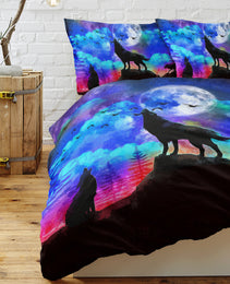 3pcs Starry Sky Moon Night Wolf Pack Bedroom Printed Beddings For Four Seasons Use