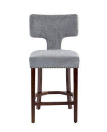 Mid Century Modern Counter Height Bar Stools Set Of 2, Farmhouse Linen Fabric Upholstered Accent Chair Curved Backrest With Copper Nails Around,Kitchen Chairs With Hardwood Frame, Gray