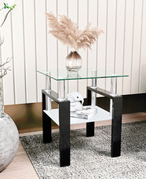 1-Piece Modern Tempered Glass Tea Table Coffee Table End Table, Square Table For Living Room, Transparent Black