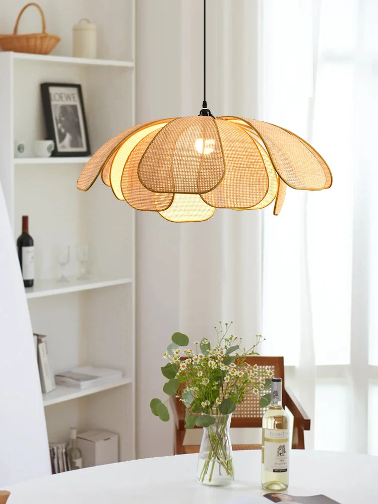 Retro Rural Hand-woven Natural Rattan Petal Chandelier Japanese-Southeast Asian Dining Room Bedroom Chandelier Artistic Atmosp