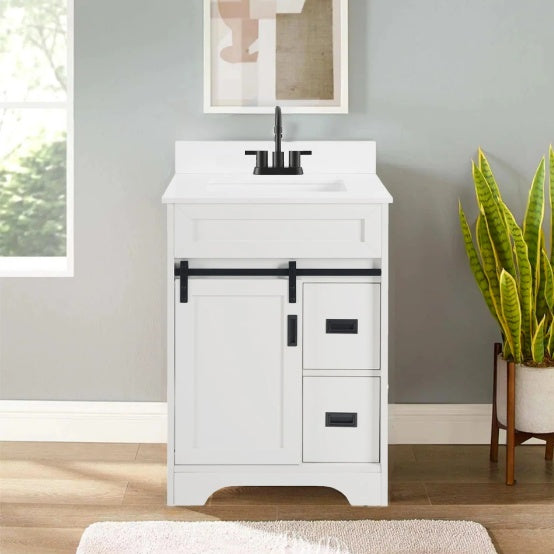 24 Bathroom Vanity With Single Sink Combo, Farmhouse Undermount Bathroom Sink Cabinet With Sliding Barn Doors And 2 Drawers, Freestanding Bathroom Vanities,White
