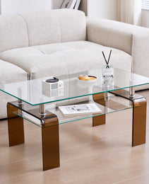Tempered Glass Coffee Table, Modern Glass Coffee Table For Living Room, 2-Tier Storage Center Coffee Table With Brown Legs