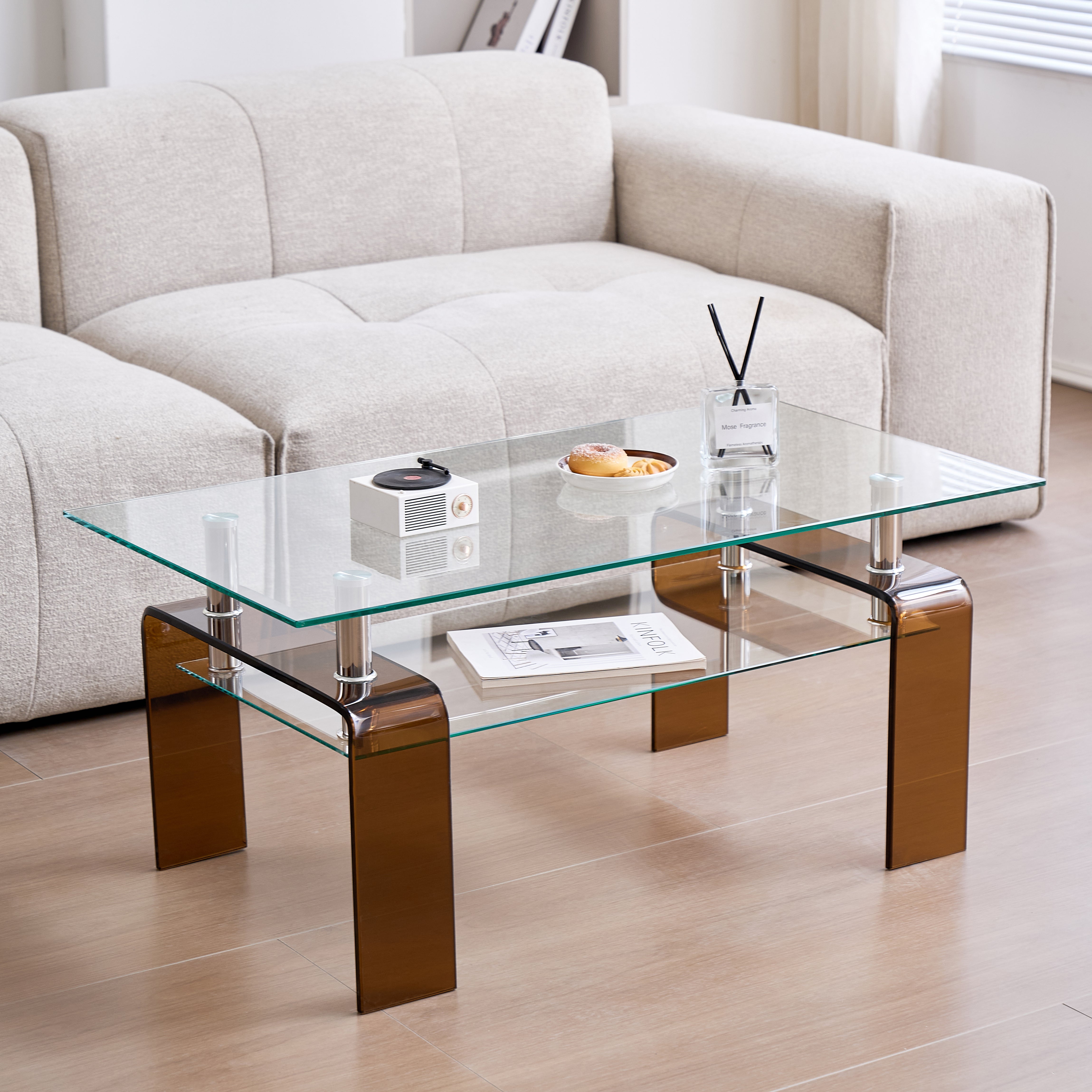 Tempered Glass Coffee Table, Modern Glass Coffee Table For Living Room, 2-Tier Storage Center Coffee Table With Brown Legs