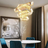 4 Ring Modern Long Crystal Pendant Chandelier for High Ceilings Warm White