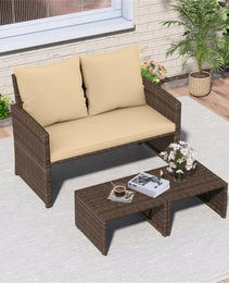 Outdoor Patio Furniture Set, PE Rattan Loveseat & 2 Ottomans Removable Cushions Metal Frame