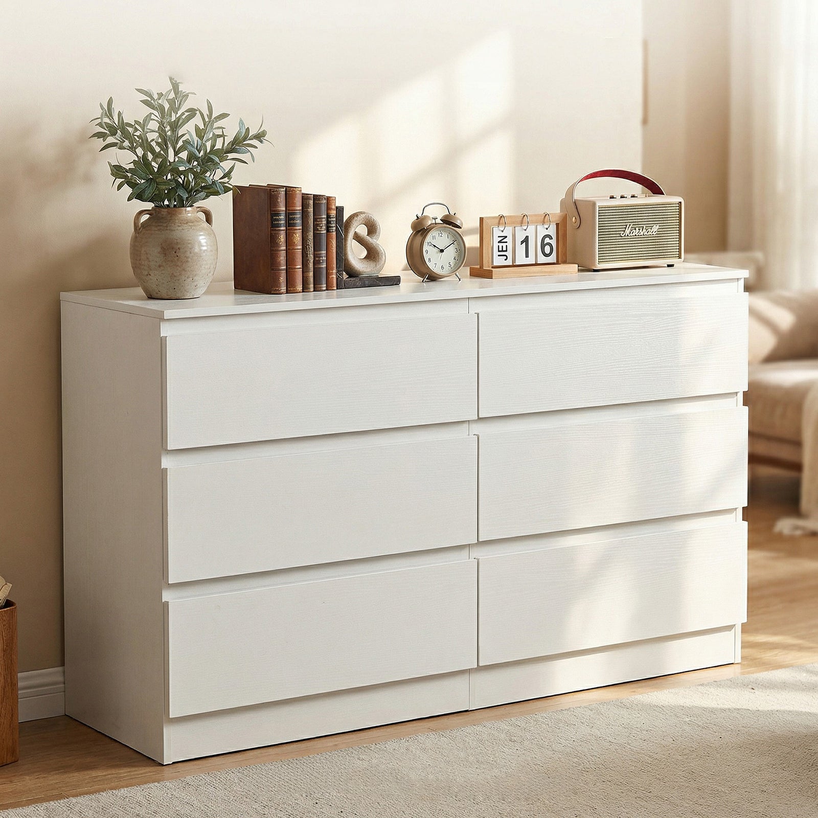 6 Drawer White Dresser, Modern Dresser For Bedroom With Spacious Countertop, Wood Storage Cabinet With Concealed Handles & 6 Deep Drawers For Bedroom, Living Room, Entryway, 15.7D X 47.2W X 30.9