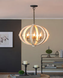 6 - Light Wood Chandelier With Adjustable Chain