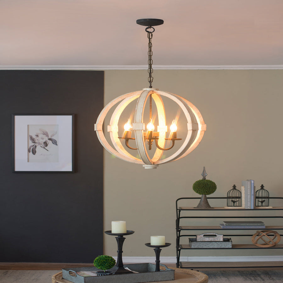6 - Light Wood Chandelier With Adjustable Chain