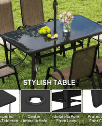 8 Pieces Patio Furniture Set with 9Ft Patio Umbrella, Outdoor Dining Table and Chairs, Light Mixed Brown