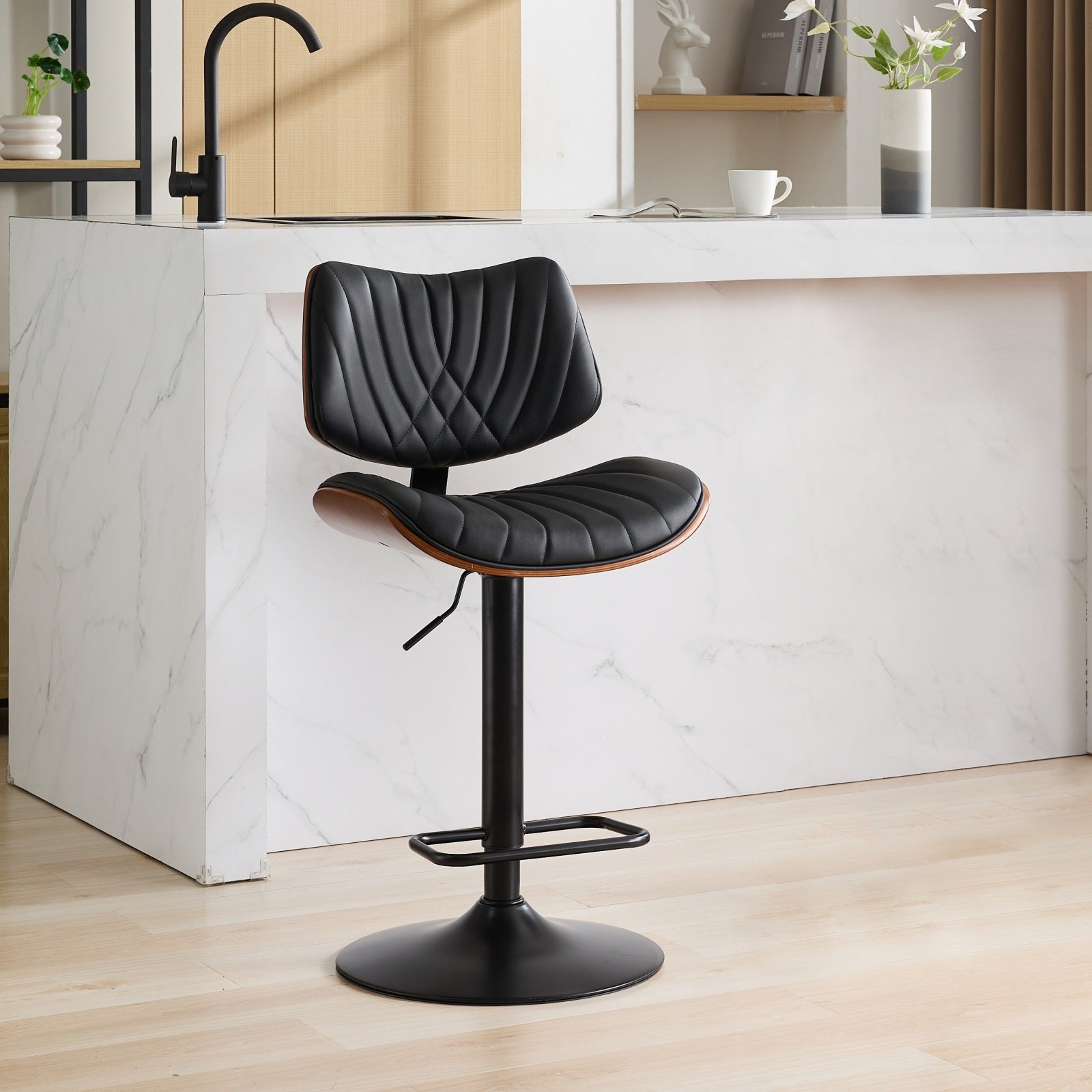 Walnut Bentwood Bar Stools Mid Century Modern Adjustable Counter Height Black Leather Upholstered 360 Swivel Bar Chairs For Kitchen Island Dining Room Cafe 1 Chair 1carton,Black