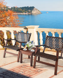 3 Pieces Outdoor Wooden Patio Rattan Furniture Set