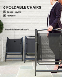 8 Piece Outdoor Dining Set, Patio Furniture Set with Umbrella, 6 Folding Chairs, Rectangle Table and Mesh Seat, Black