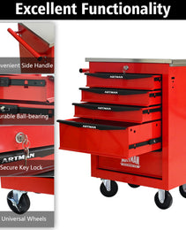 5 Drawers Multifunctional Tool Cart With Wheels,Metal Rolling Tool Cart Storage For Garage Workshop Warehouse Repair Shop--With Stainless Steel Roof--Red  Black