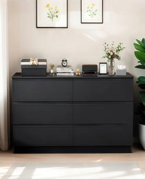 6 Drawer Black Dresser, Modern Bedroom Dresser With Spacious Countertop, Wood Storage Cabinet With Concealed Handles & 6 Deep Drawers For Bedroom, Living Room, Entryway, 15.7 D X 47.2W X 30.9 H
