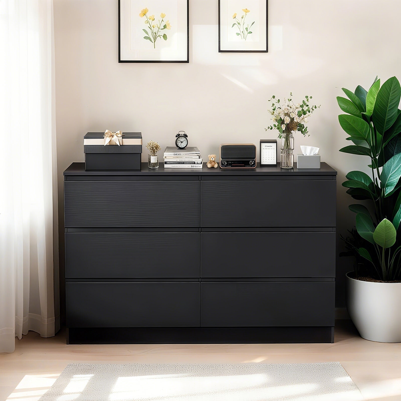 6 Drawer Black Dresser, Modern Bedroom Dresser With Spacious Countertop, Wood Storage Cabinet With Concealed Handles & 6 Deep Drawers For Bedroom, Living Room, Entryway, 15.7 D X 47.2W X 30.9 H