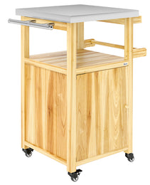 Outdoor Grill Cart w/ Stainless Steel Top, Solid Wood Outdoor Kitchen Island w/ Wheels, Integrated Hole, Natural Wood