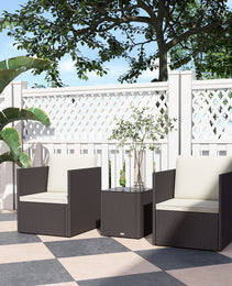 Folding Wicker Bistro Set, 3 Piece Patio Furniture Set with Cushions and Glass Coffee Table for Porch, Balcony, Brown