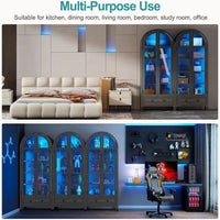 73 Arched Glass Display Cabinet with 4-Tier, Human Body Sensor, LED Lights for Collectibles, Adjustable Shelves, Brown