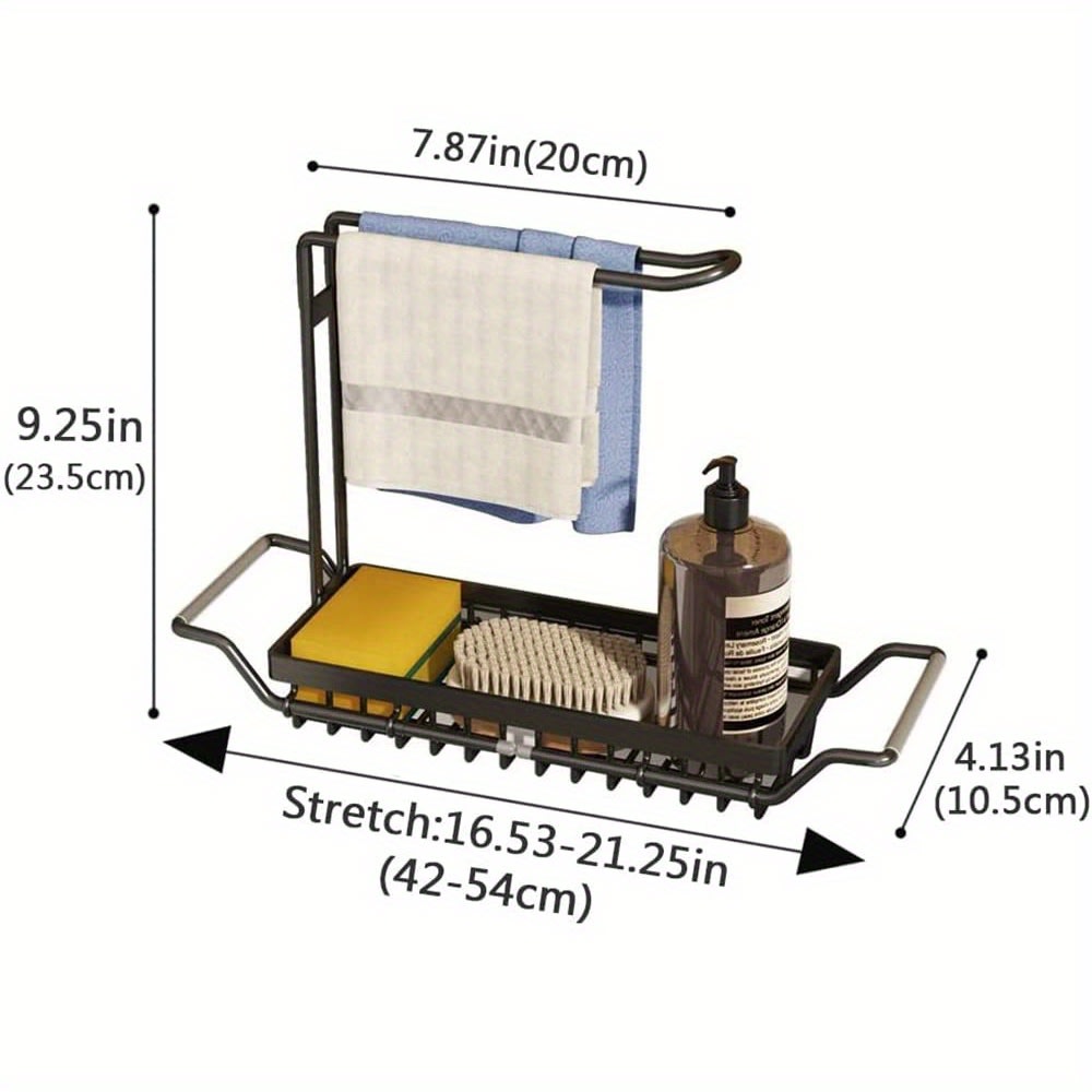 Expandable Stainless Steel Over-the-Sink Caddy Organizer – Adjustable Kitchen Storage Rack (Black, Small)