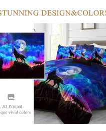 Galaxy Comforter Set Men 3D Wolf Bed Comforter Set 4 Piece Wolves Howling Bedding For Boys Retro Oil Painting Design Purple Blue And Black Bedding Set Queen King Size