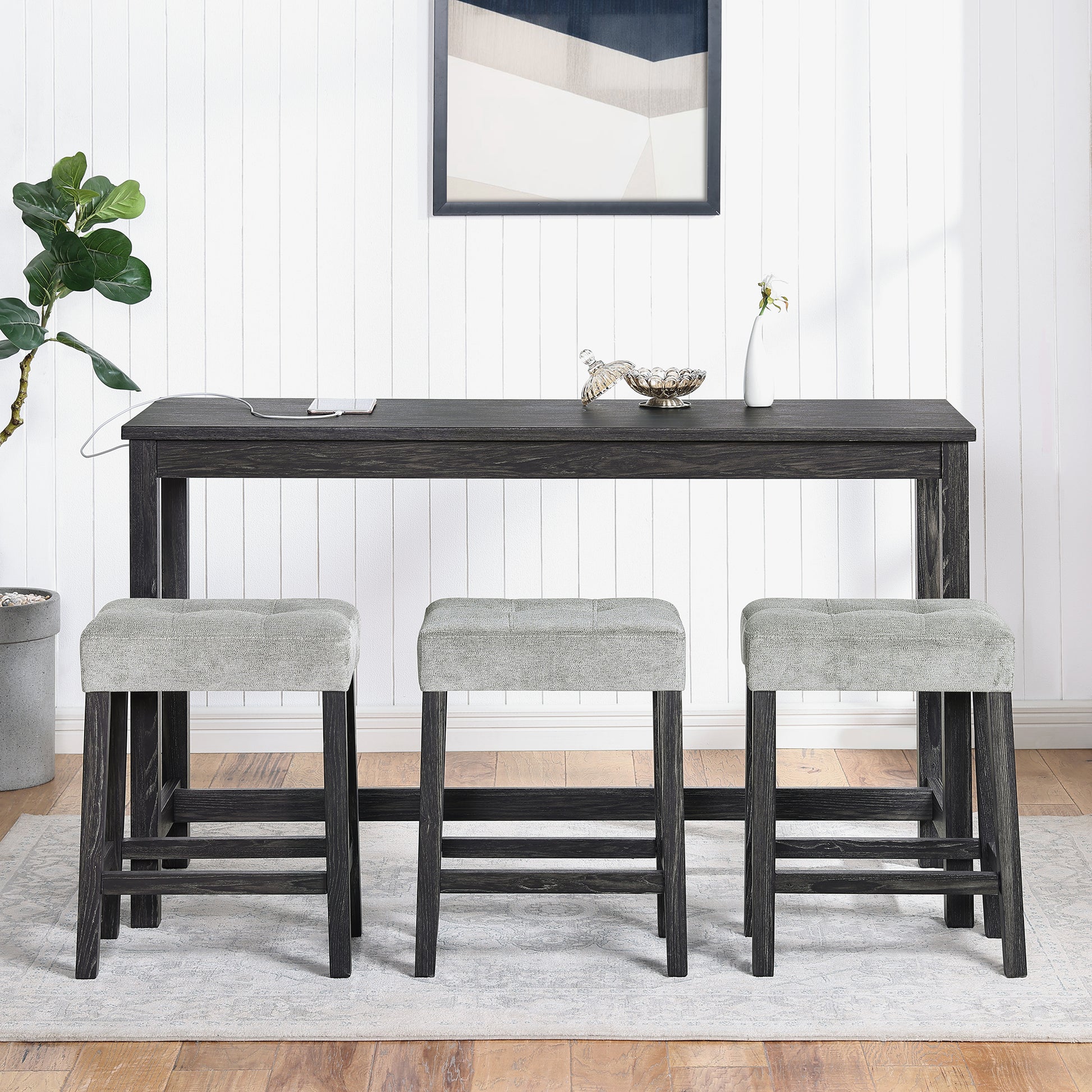 Bar Table Set With Power Outlet, Bar Table And Chairs Set, 4 Piece Dining Table Set, Industrial Breakfast Table Set, For Living Room, Dining Room, Game Room