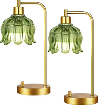 Pink Table Lamp Set of 2,Small Gold Bedside Lamps Dimmable Boho Bedroom Lamp with Tulip Flower Glass Lamp Shade,Vintage Mid Century Modern Mini Nightstand Lamp for Bedroom Living Room