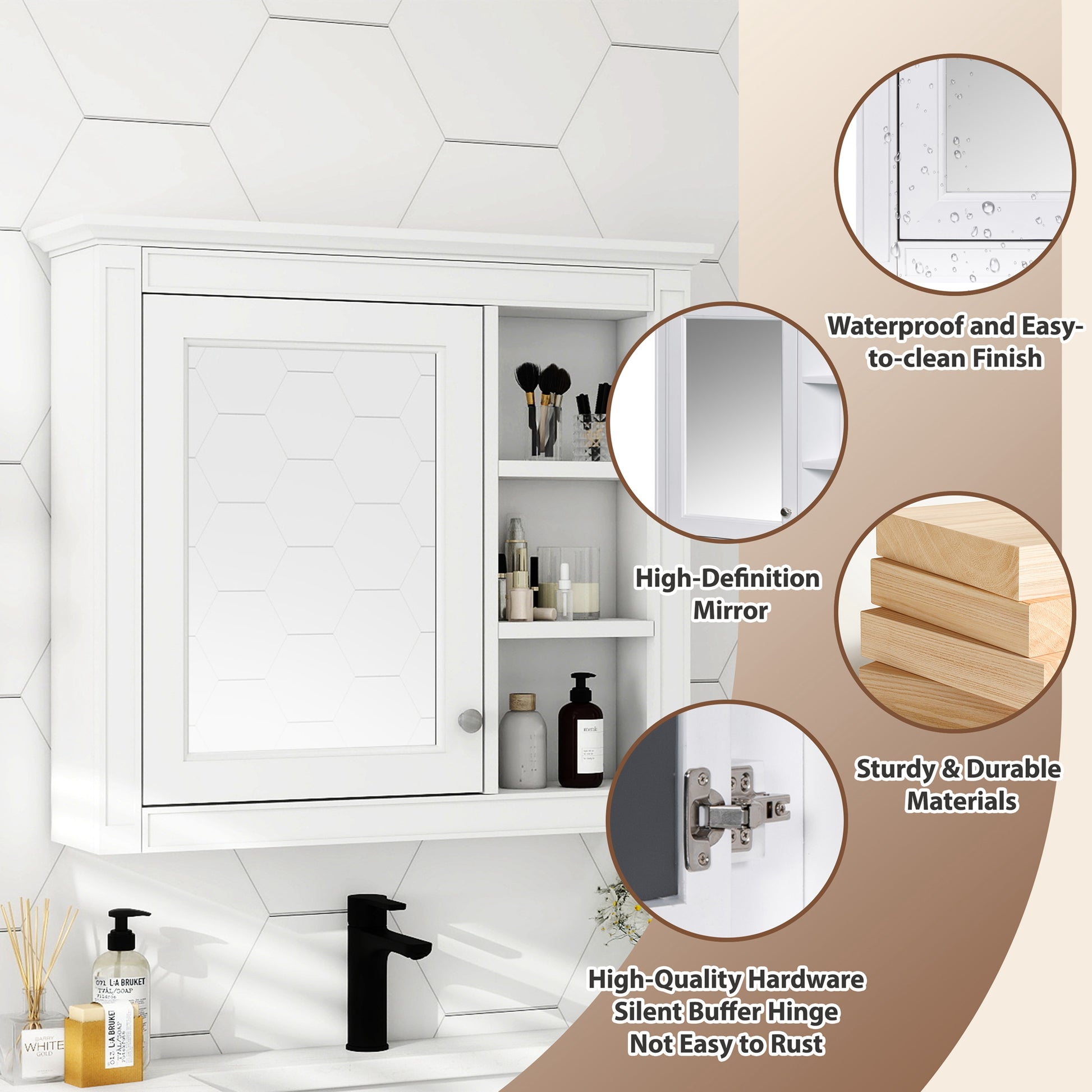 30 X 28 Medicine Cabinet, Wall Mounted Bathroom Storage Cabinet, Modern Bathroom Wall Cabinet With Mirror,Medicine Cabinet,  Mirror Cabinet With 3 Open Shelves Not Include Bathroom Vanity