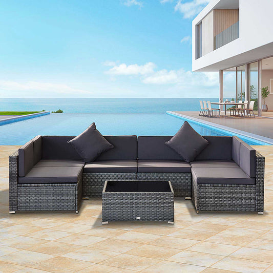 7-Piece Patio Furniture Set, Outdoor Wicker Conversation Set, All Weather PE Rattan Sectional Sofa Set with Cushions and Tempered Glass Top Coffee Table, Pillows, Gray