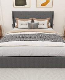 Queen Size Bed Frame With Storage - Lift Up Storage Bed With Modern Wingback Headboard, USB Ports