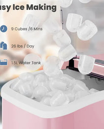 Countertop Ice Maker With Handle, 26lbs&24H Portable Ice Machine, 9 Bullet Ice Cubes Ready In 6 Mins, Self-Cleaning, Quiet Compact Ice Maker For Home, Kitchen, RV, Camping