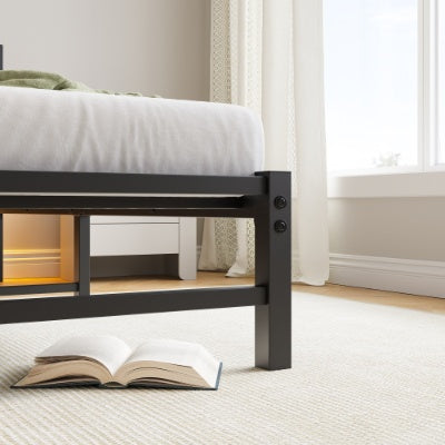 Twin Size Bed Frame Heavy Duty Platform Bed Frame With Headboard, USB Charging Station, LED Bed, No Box Spring Needed, Mattress Foundation, Strong Steel Slats, Noise Free, Brown