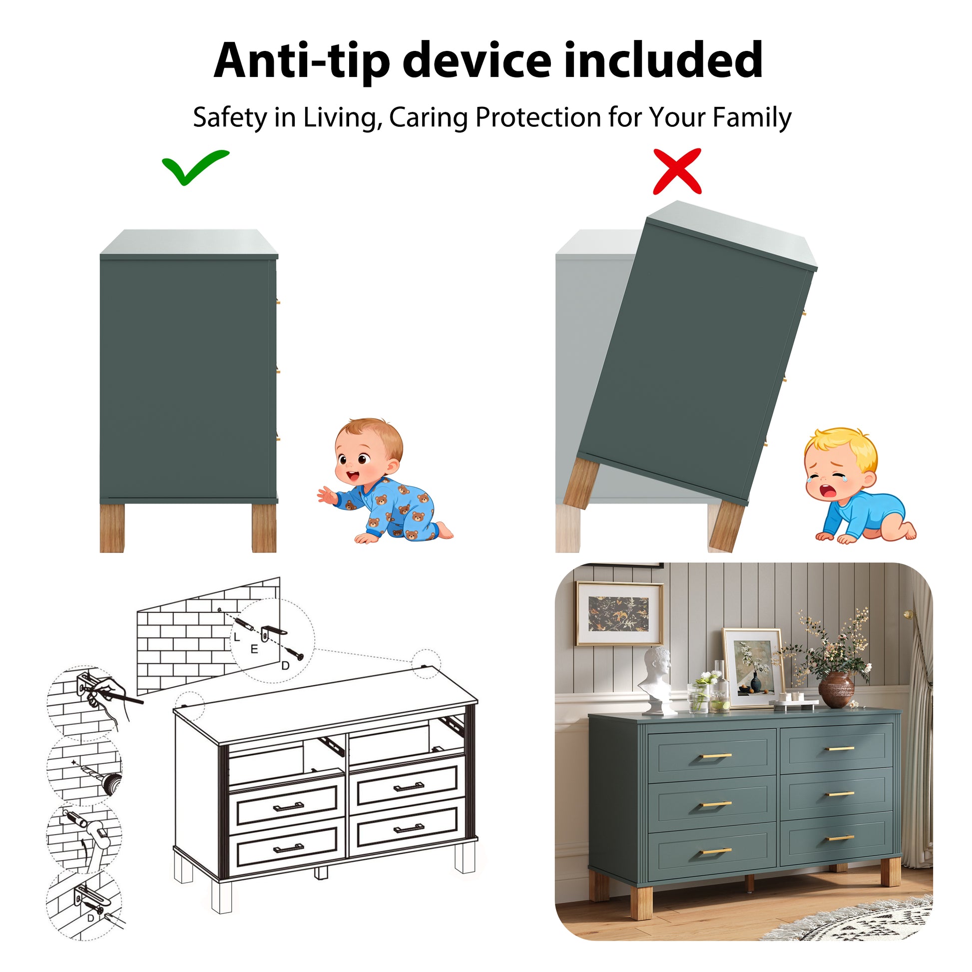 6-Drawer Double Dresser In Green, Modern Storage Cabinet With Metal Handles & Solid Wood Legs, Dresser Drawer Organizer For Kids Bedroom, Heavy-Duty Wooden Dresser With Pre-Installed