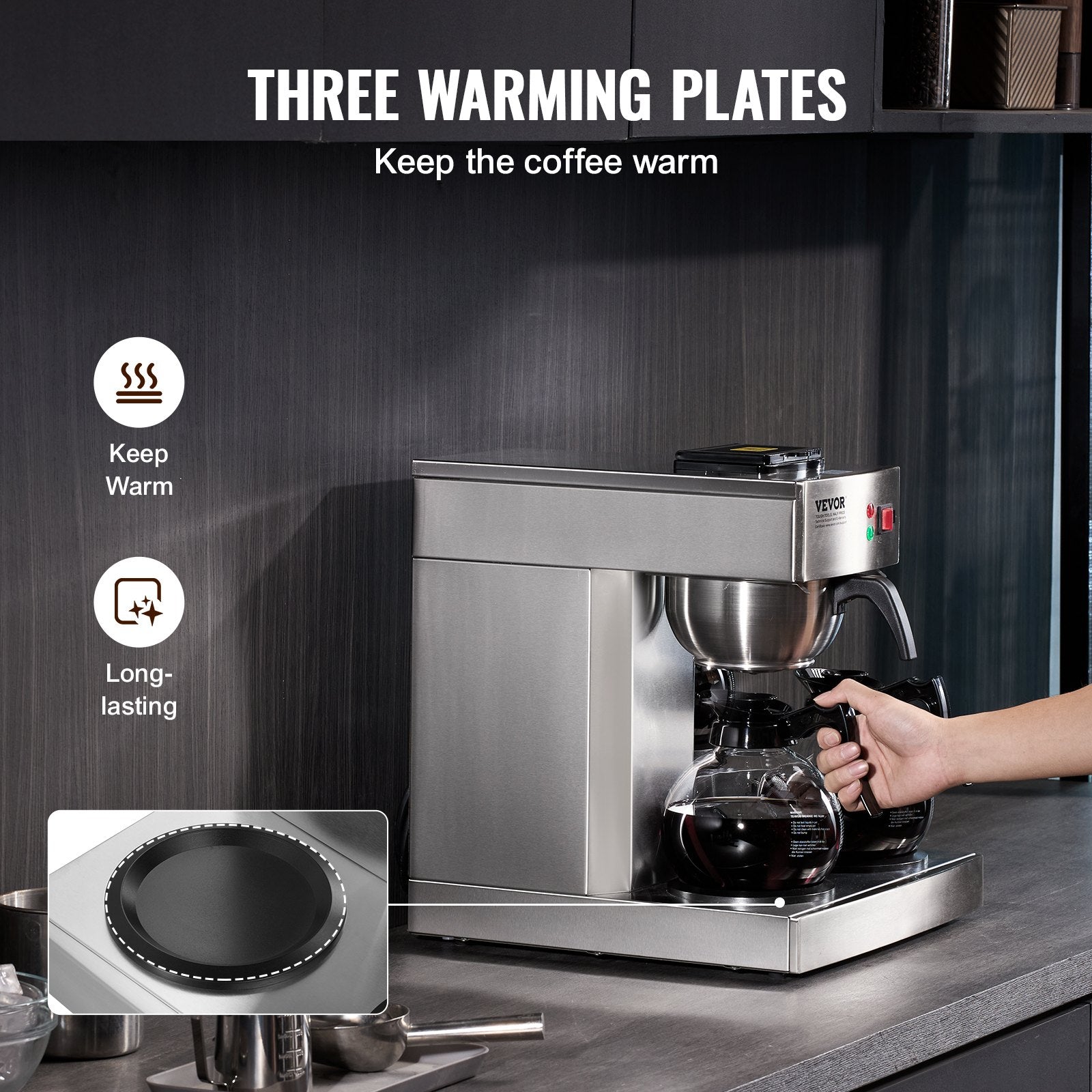 3-Station Commercial Coffee Brewer – 6-Minute Rapid Brew with 3 Warming Plates & 3 Carafes