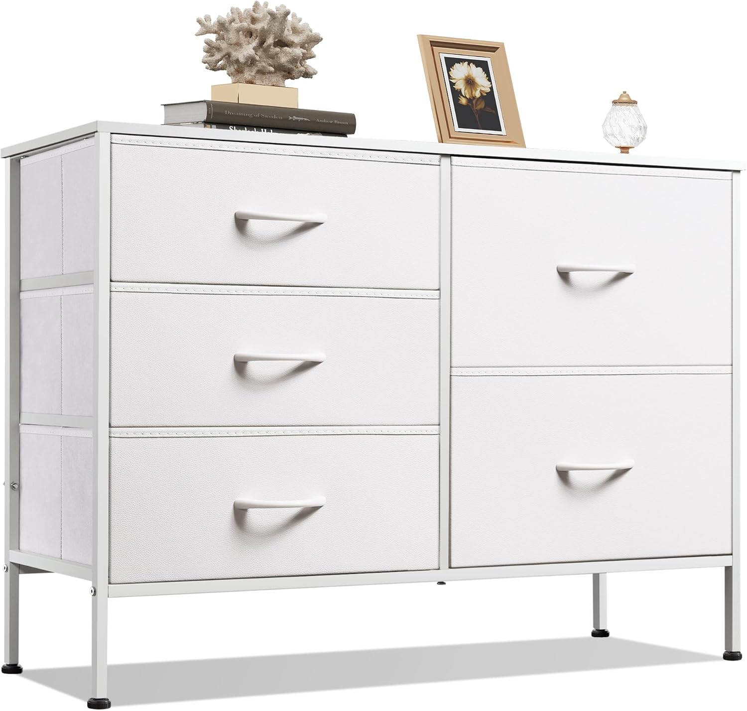 5 Drawer Dresser For Bedroom, Drawers With Wooden Top Metal Frame