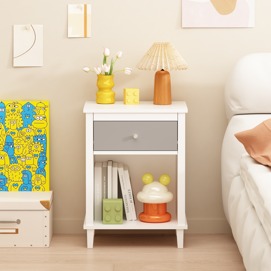 26.77''H Wooden Nightstand With One Drawer One Shelf For Kids, Adults,Gray Silver Handle