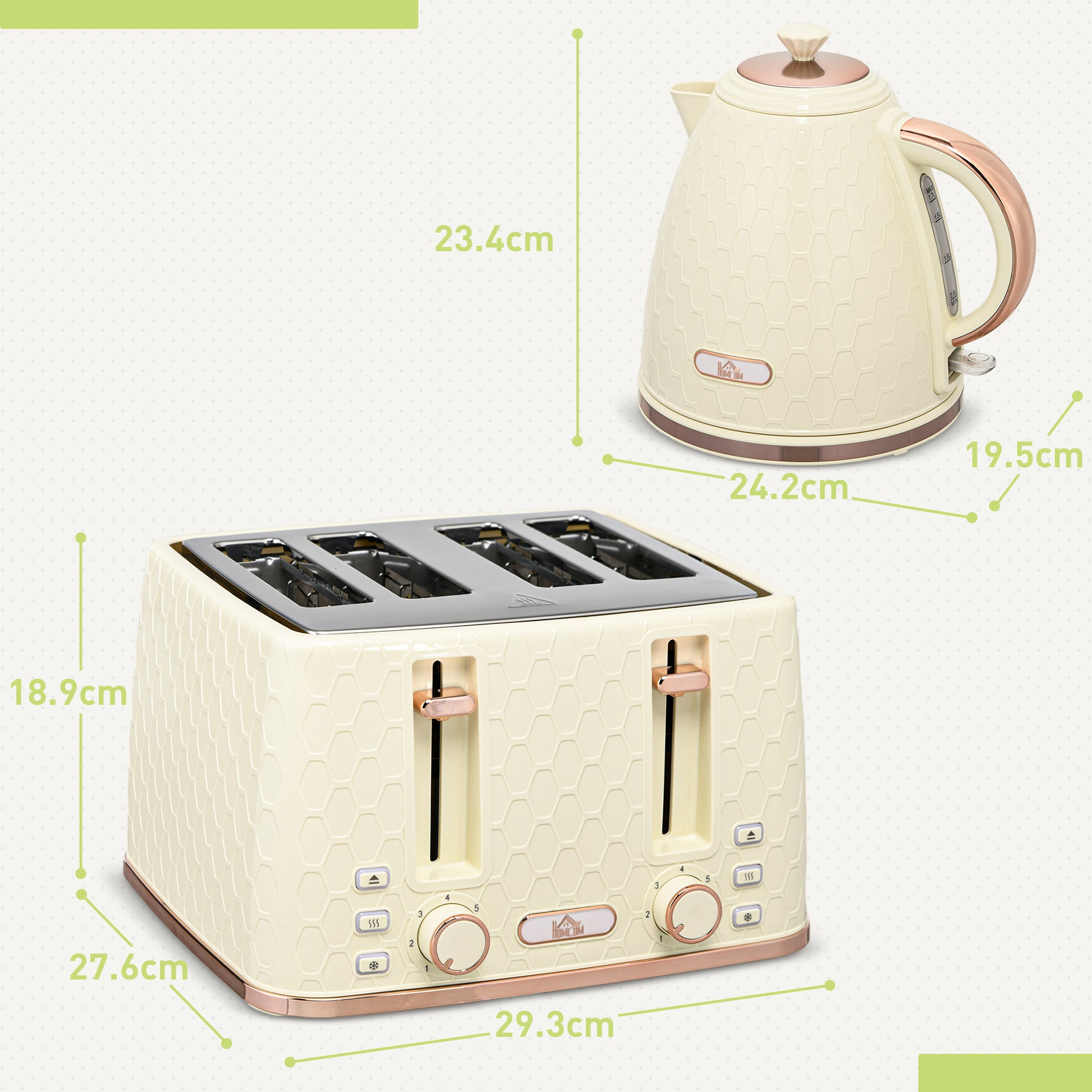 Beige Honeycomb Breakfast Set: 1.7L Rapid-Boil Kettle & 4-Slice Toaster – Designer Matching Duo
