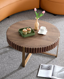Modern Handcraft Drum Coffee Table 31.5 Inch Round Coffee Table For Living Room,Small Coffee Table With Sturdy Pedestal,Walnut