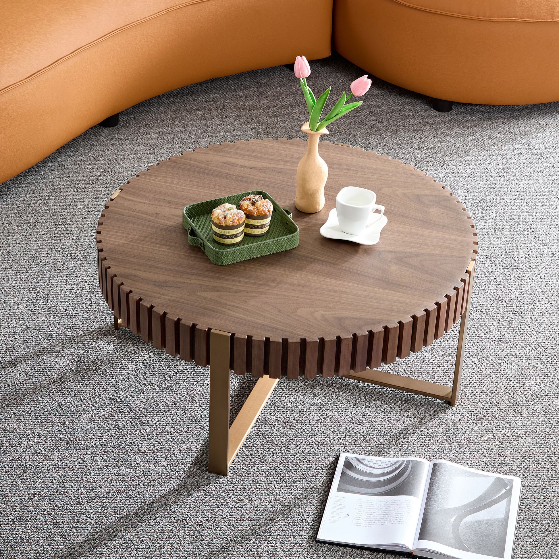 Modern Handcraft Drum Coffee Table 31.5 Inch Round Coffee Table For Living Room,Small Coffee Table With Sturdy Pedestal,Walnut