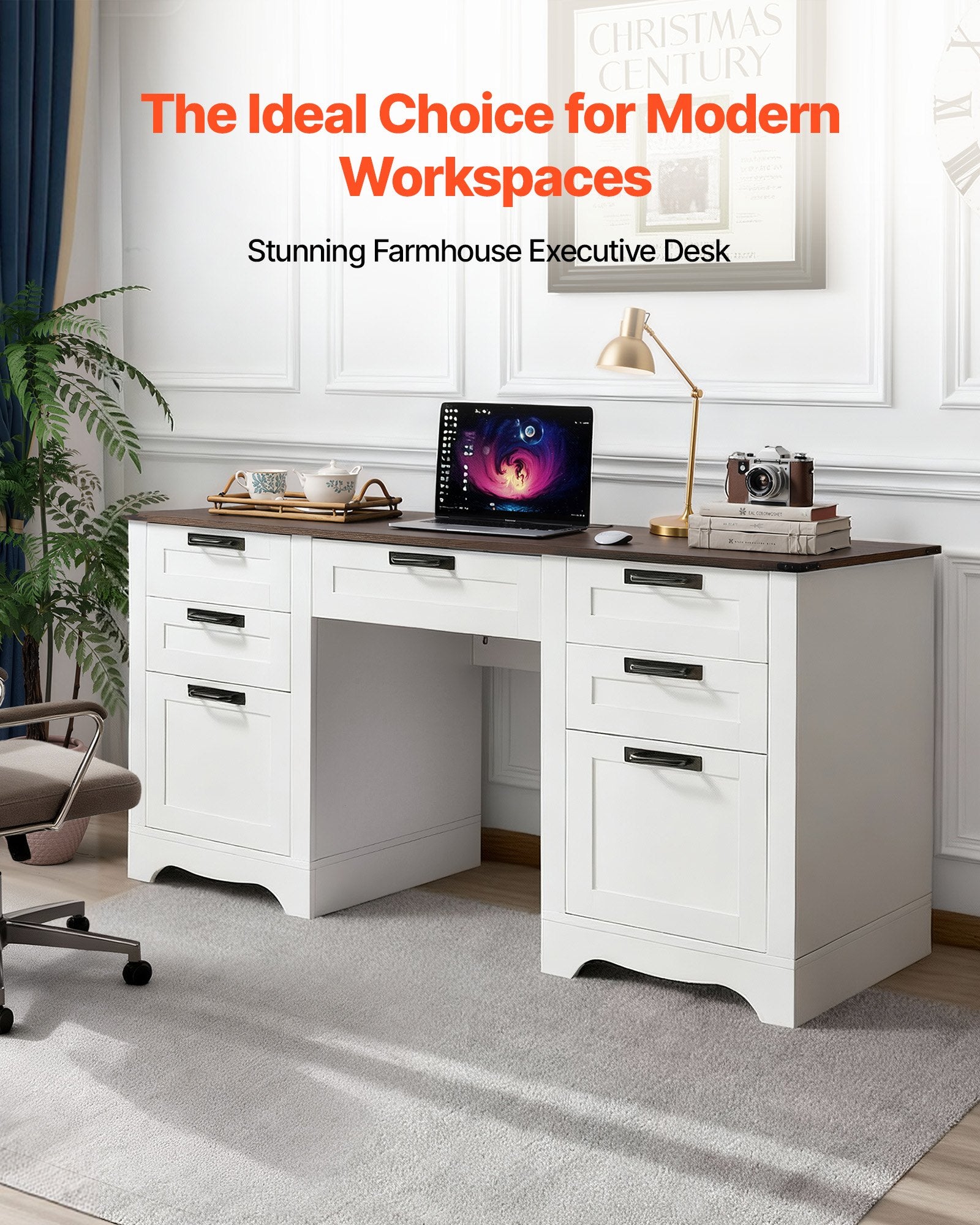 Executive Desk, Farmhouse Office Table With Charging Station, Heavy Duty Particle Board Executive Table With Storage Drawers, 200 LBS Load Capacity, Easy Assembly, For Work Study Writing, Walnut
