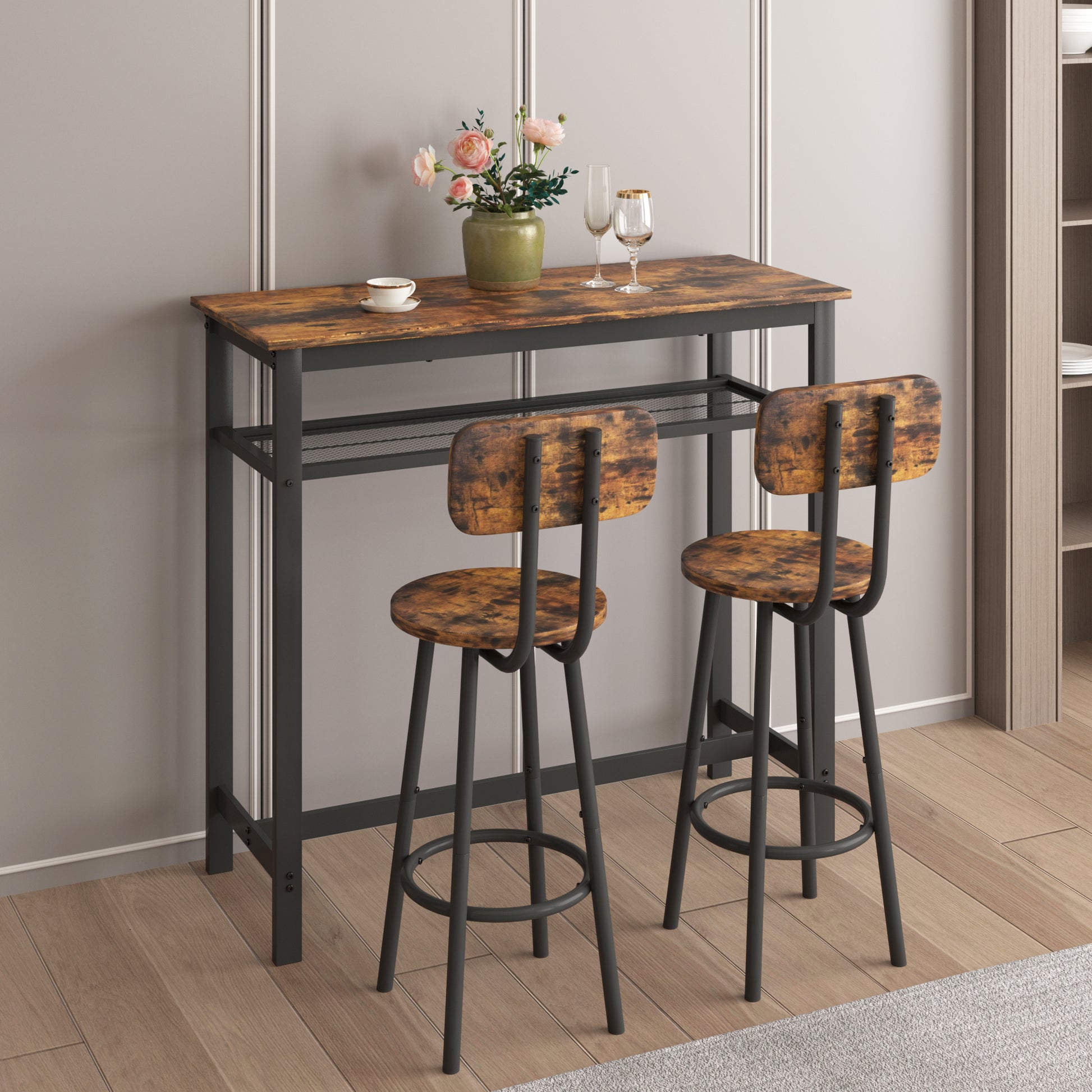 Bar Table, Equipped With 2 Bar Stools , With Backrest And Partition Rustic Brown