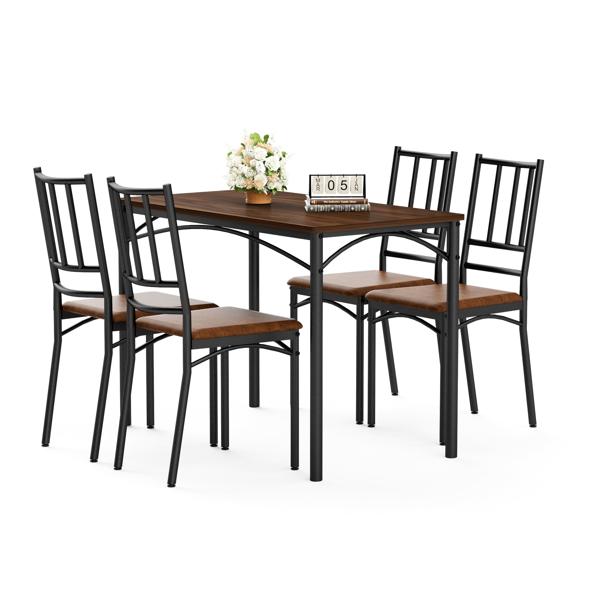 Dining Table Set, Bar Table With 4 Dining Benches, Kitchen Table Counter With Chairs, Industrial For Kitchen Breakfast Table, Living Room, Party Room, Walnut, 43.3L X23.6W X 30.1H