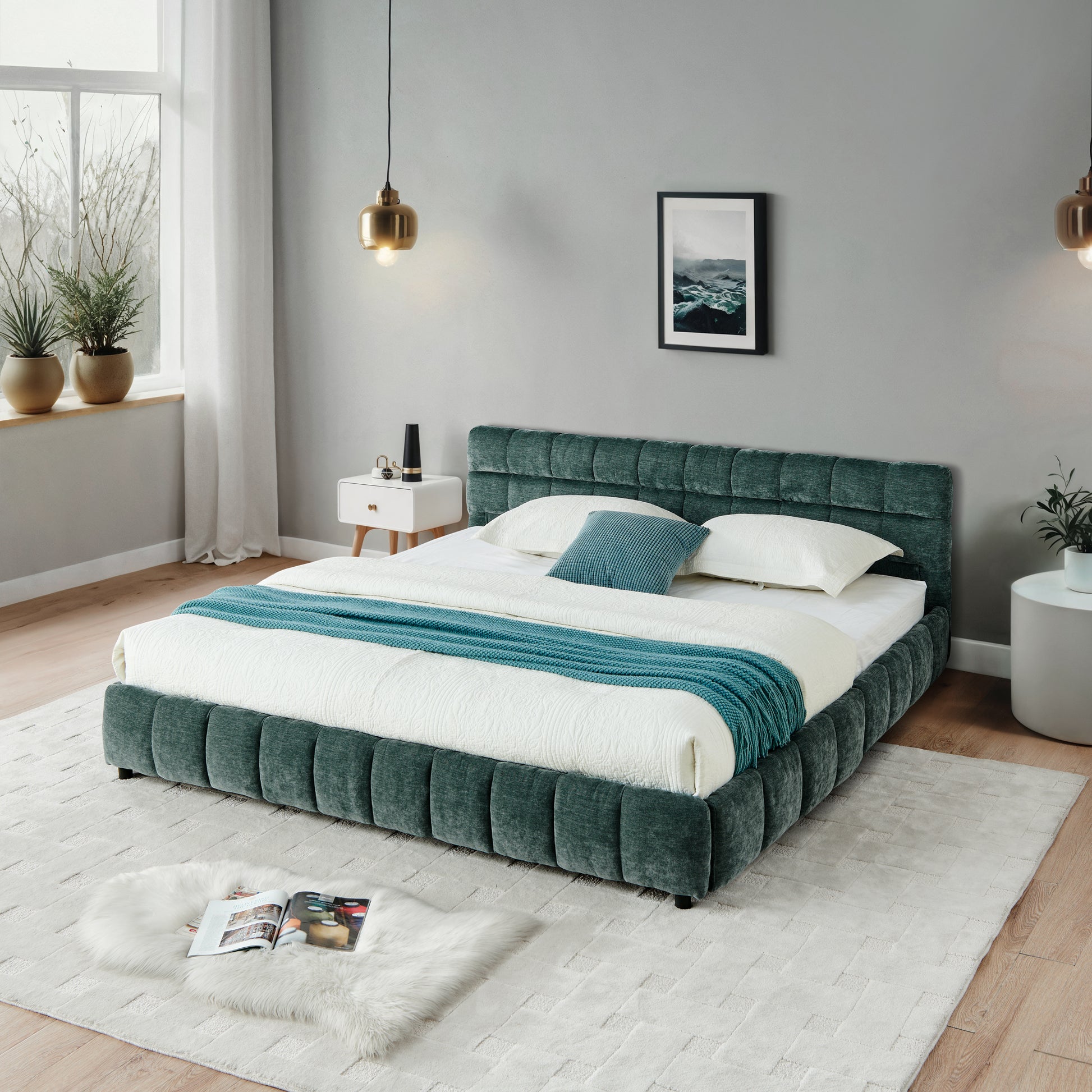 California King Size Upholstered Bed ,comfortable Upholstered Bed Frame, Chenille Fabric, With Headboard And Solid Bed Frame. With Drawer For Storage.-Blue Green 90.5x80.5x31