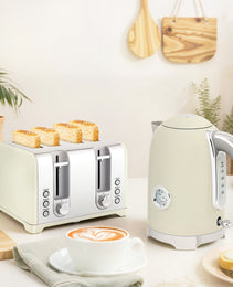 Retro Grey Breakfast Set: 1.7L Rapid-Boil Kettle & 4-Slice Toaster – Vintage Aesthetics with Real-Time Temperature Gauge