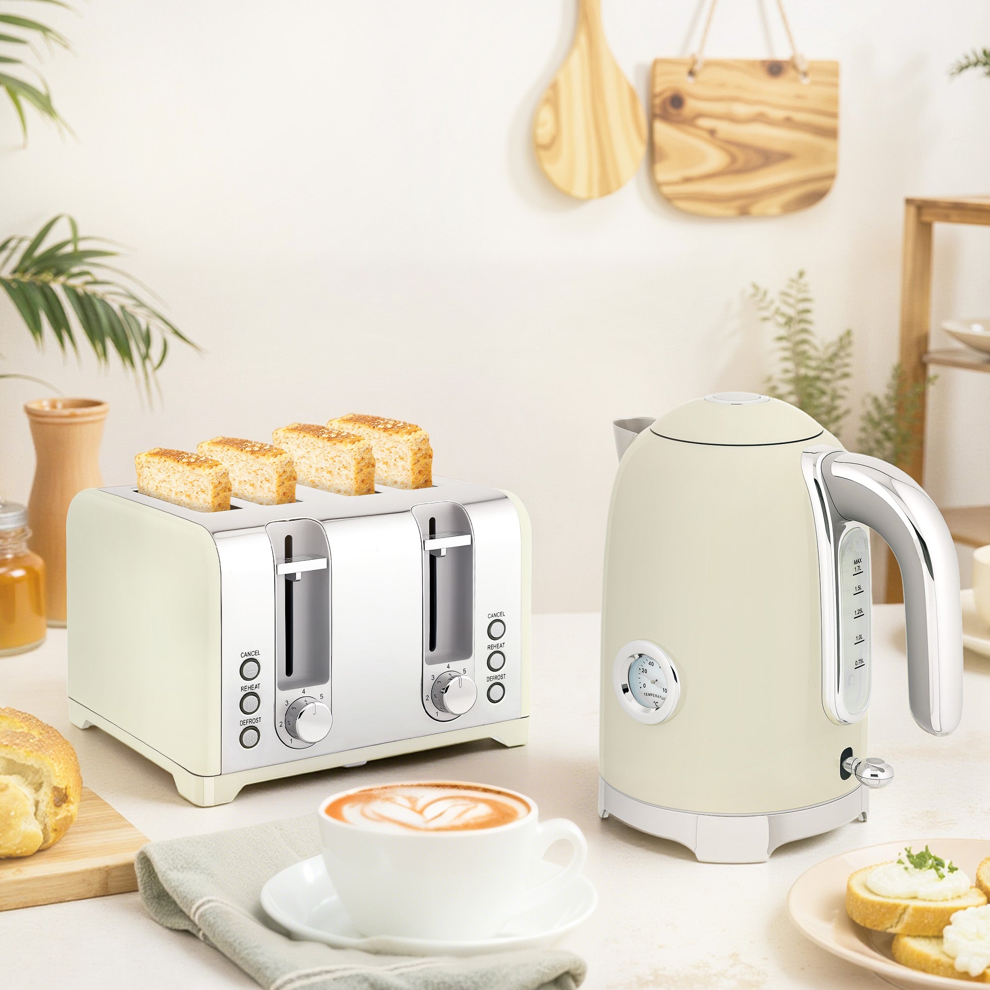 Retro Grey Breakfast Set: 1.7L Rapid-Boil Kettle & 4-Slice Toaster – Vintage Aesthetics with Real-Time Temperature Gauge
