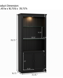 78.75 H 4-Tier Display Shelf, With 5-Colors Dimmable Ceiling Light, Freestanding Farmhouse Bookcases With Storage & Doors, Bookshelf With Adjustable Glass Shelves For Home & Office - Black