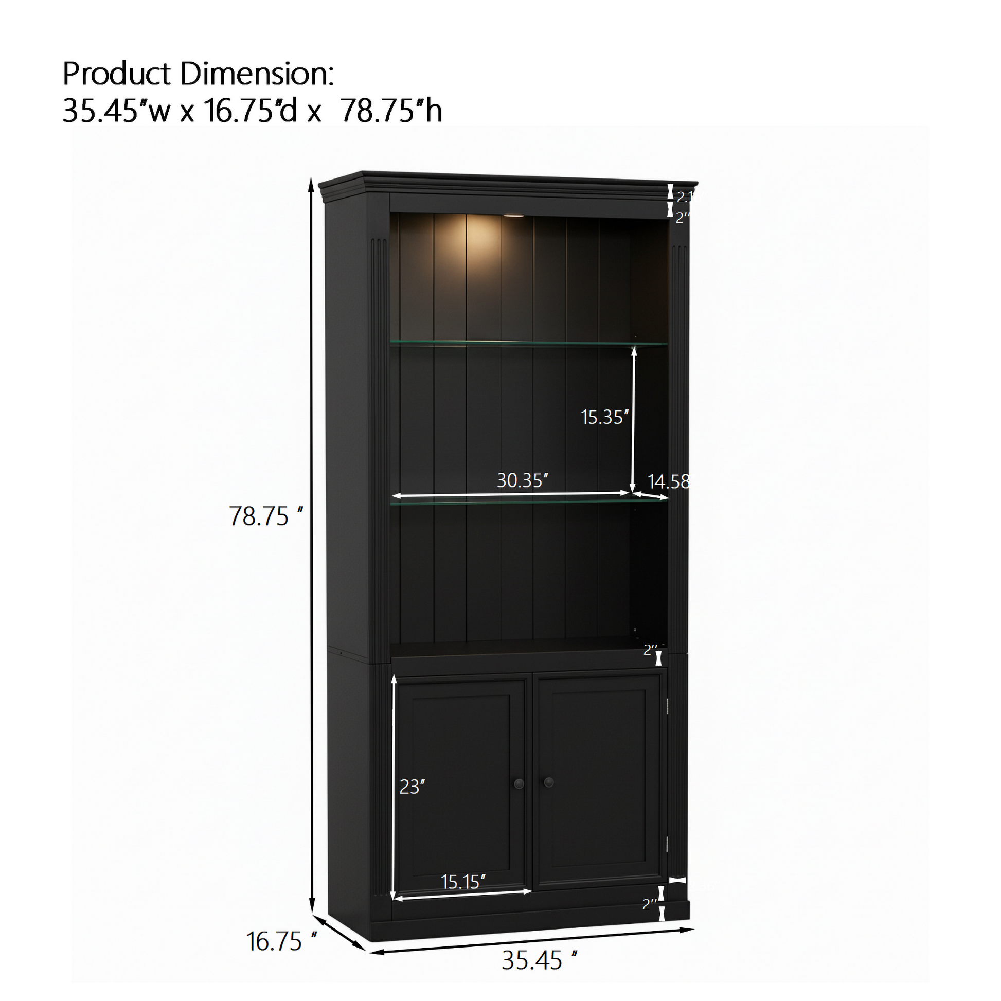 78.75 H 4-Tier Display Shelf, With 5-Colors Dimmable Ceiling Light, Freestanding Farmhouse Bookcases With Storage & Doors, Bookshelf With Adjustable Glass Shelves For Home & Office - Black